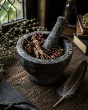 Stone mortar with mandrake roots and petals on a wooden table.