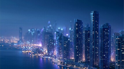 Obraz premium AI生成した、無数の星屑が舞う夜空の下、宇宙から地球を包む光の粒子と都市へ続く発光ロードが織りなす幻想的なデジタルネットワークの夜景