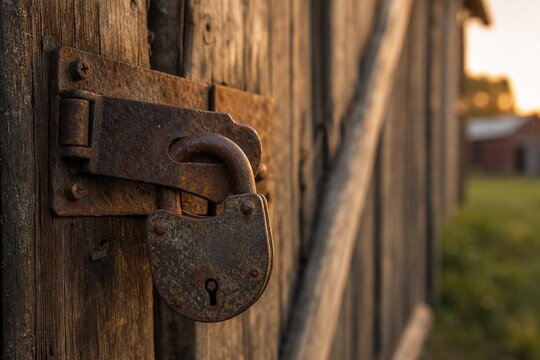 A weathered rusty hasp and padlock on a rustic barn door.