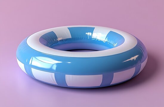 Blue and white striped inflatable swim ring on purple background, blue and white stripes