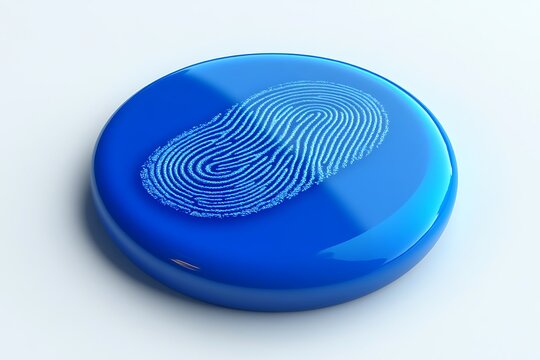 Blue button with fingerprint scan, shiny surface, white background, security