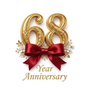 Golden 68 Year Anniversary Celebration with Red Bow and Ornate Details.