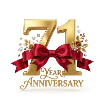Golden 71 Years Anniversary Celebration with Red Bow and Diamonds.