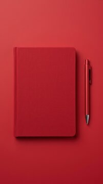 Minimalist Red Notebook and Pen Flat Lay Composition.