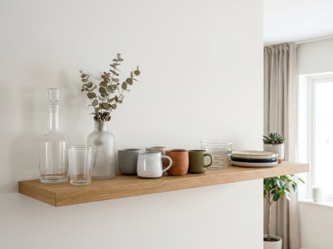 Minimalist Wooden Shelf Displaying Mugs and Plants in a Bright Room.