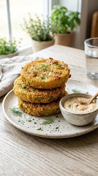 Stack of Delicious Vegan Lentil Patties Served with Creamy Dip.