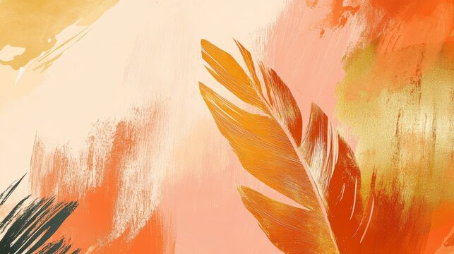 Abstract art painting of golden feather on orange and peach background.