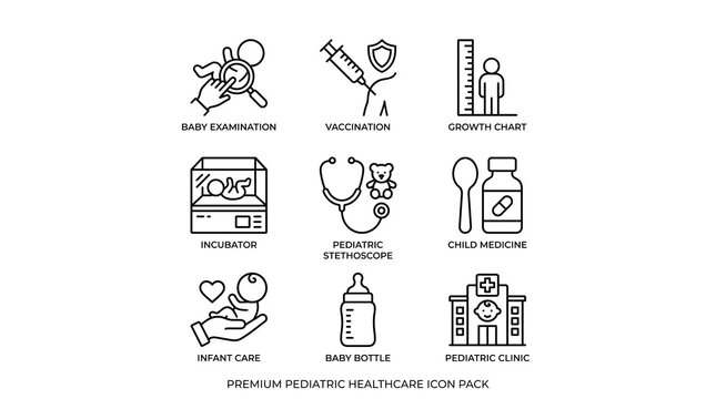 Pediatric Medical Equipment and Healthcare Outline Icons Collection