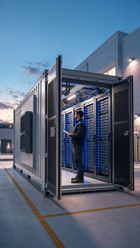 IT technician holding a tablet while inspecting illuminated server racks inside an outdoor modular data center at dusk.