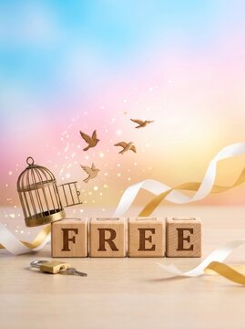 Wooden Blocks Spell FREE with Birds Flying Out of Cage.