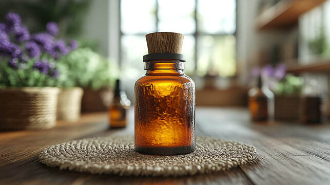 Amber glass essential oil bottle with wooden stopper on a woven mat.