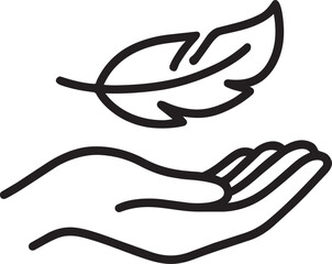 Hand holding delicate feather for sensitive skin care gentle touch routine minimal outline vector design symbol © Alamin