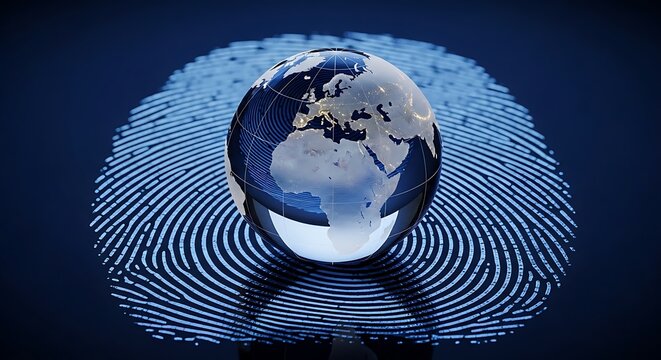 A glass globe rests on a fingerprint. Blue tones, illustrating global security & identity