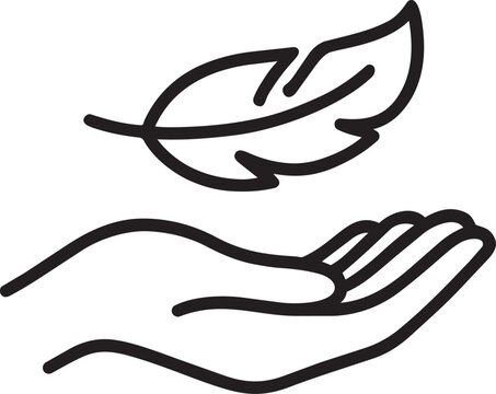 Hand holding delicate feather for sensitive skin care gentle touch routine minimal outline vector design symbol