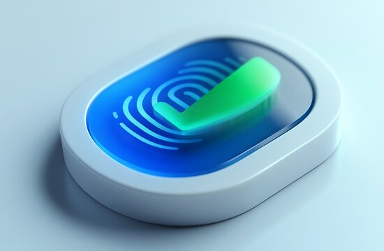Close-up of a white, blue, and green fingerprint scanner button