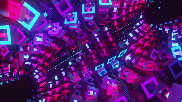 Hypnotic seamless loop of a futuristic geometric array. Abstract digital system made of rotating square prisms, crystalline lattices and textured metal grids, creating deep abstract background.