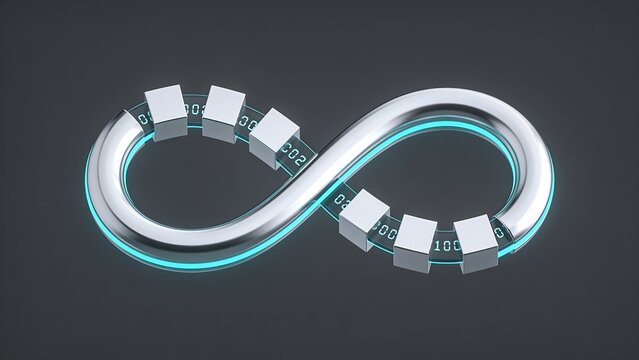 Polished 3D chrome infinity symbol with floating cubes displaying simple digital data codes. Great for representing endless loops, blockchain connectivity, and tech business banners.
