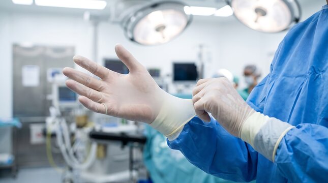 Surgeon in sterile blue scrubs meticulously putting on a latex glove in a brightly lit operating room.