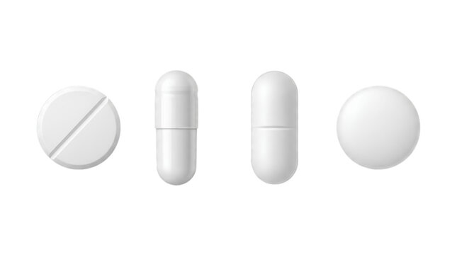 Realistic White Medicine Pill Vector Icon Set with Tablet Capsule and Caplet Isolated on Transparent Background for Healthcare Pharmacy and Medical Design
