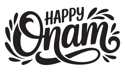Happy Onam typography features stylized leaf accents for a festive appearance. © Shahid3383