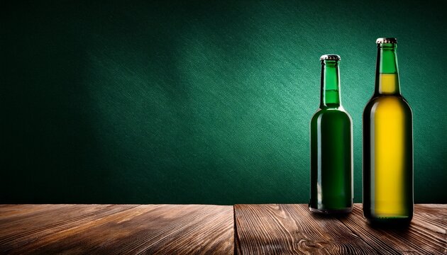 Dark Bottle Green Background For Copy Space And Wooden Table