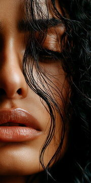 Luxury beauty close up portrait of an Indian female with flawless glowing skin, full natural lips, and wet dark hair, showcasing premium skincare and modern cosmetic aesthetics