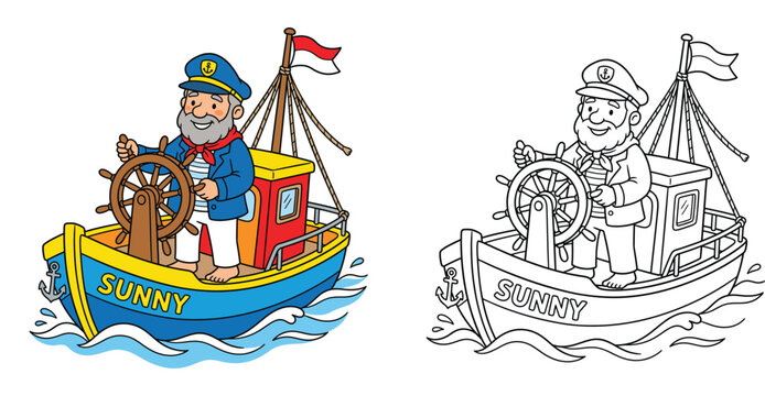Cartoon ship captain sailing boat named Sunny