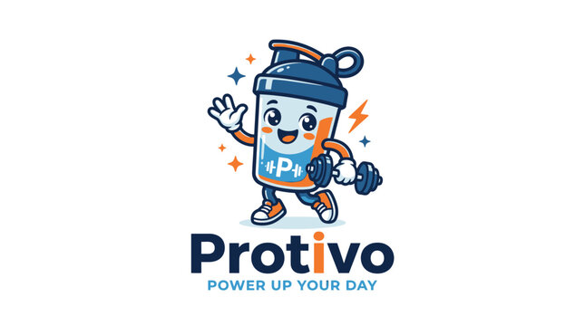 Cartoon protein shaker mascot lifting a heavy dumbbell.