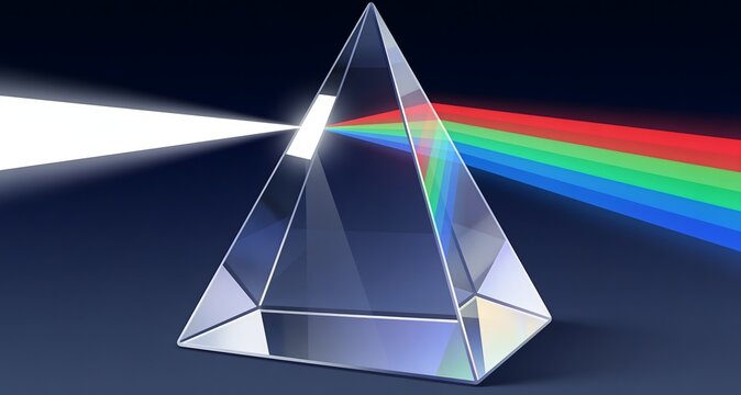 Clear 3D rendering of a glass triangular prism dispersing white light beam into a rainbow color spectrum. Best for physics educational materials, science textbooks, and design agency art.