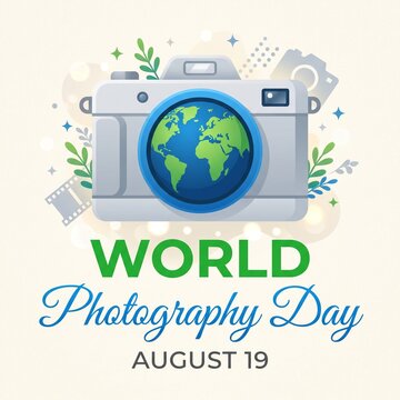 World Photography Day celebration with camera lens showing earth globe.