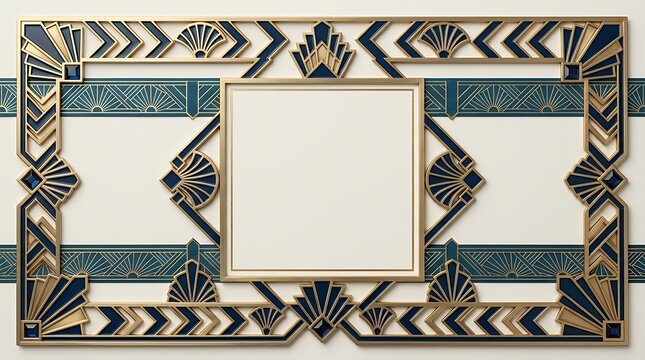 Elegant geometric border frame with ornamental ribbon featuring sophisticated Art Deco inspired decorative pattern on neutral backdrop  Art Deco border frame decoration ribbon motif geometric