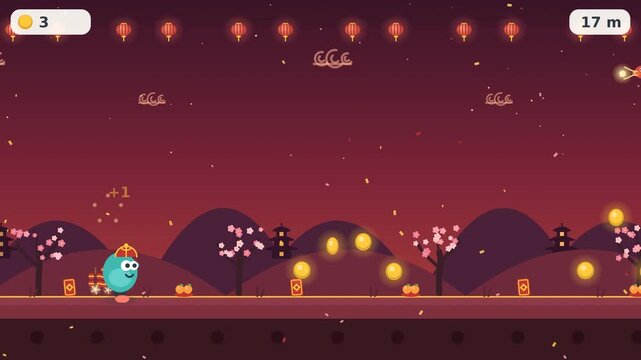Cute 2D endless runner platformer game screen featuring a cute character celebrating Chinese New Year in a festive landscape with red lanterns, cherry blossoms, and gold coins