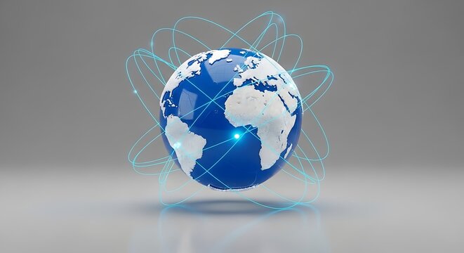 A globe with continents and ocean, encircled by orbiting digital connection lines