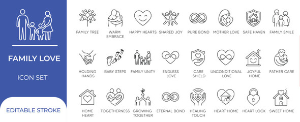 Naklejka premium Family Love and Human Relationships Vector Line Icon Set for Bonding, Care, Togetherness, and Emotional Support