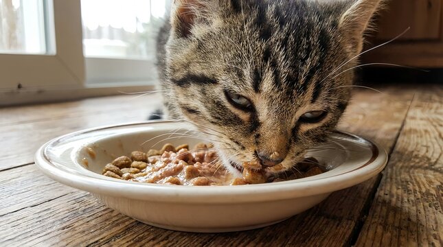 Small tabby kitten eating wet food from a white ceramic bowl on a wooden floor