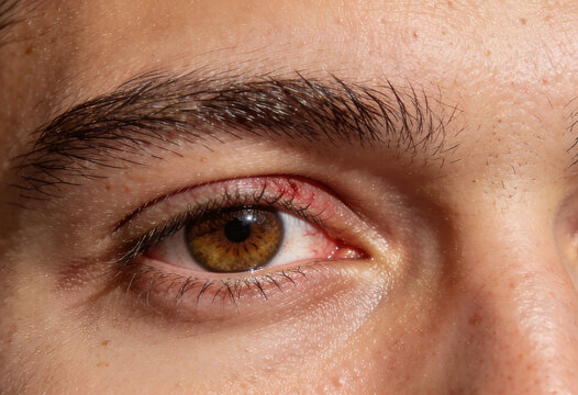 Irritated human eye with red swollen eyelid showing signs of infection or inflammation
