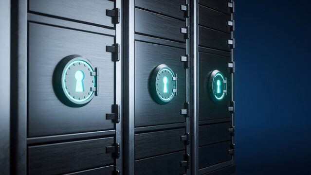High resolution 3D illustration of database server racks with glowing keyhole icons, suitable for cyber security, data protection, cloud storage, and server website banners.