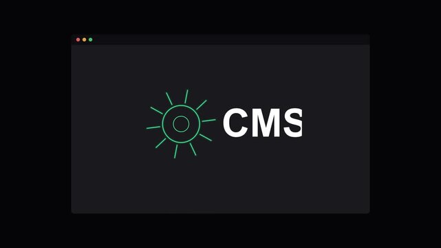 CMS content management system text with a rotating neon gear on a dark screen, green neon
