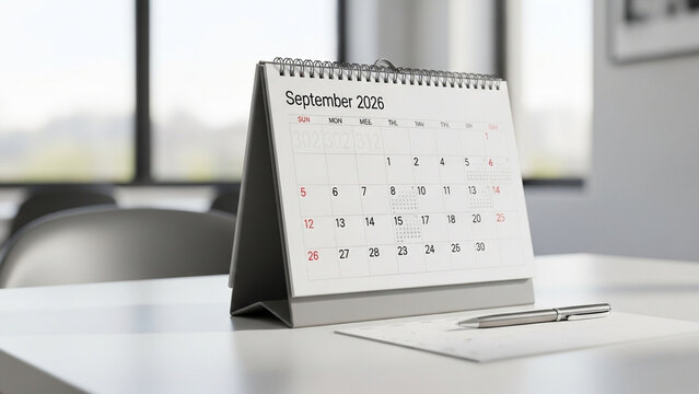 September 2026 Desktop Spiral Calendar on Office Desk