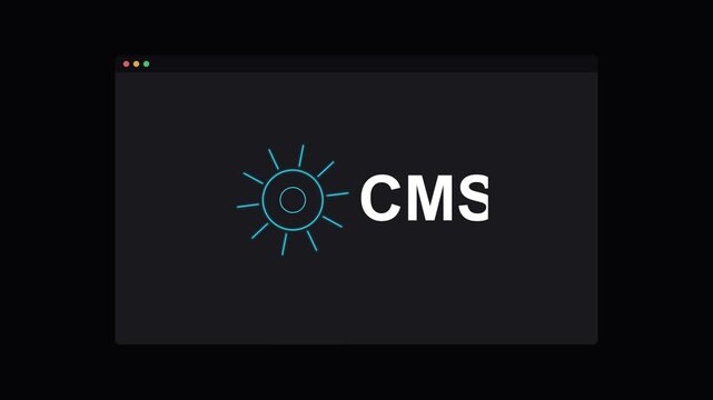 CMS content management system text with a rotating neon gear on a dark screen, cyan neon