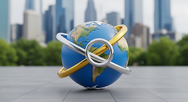 A globe with gold and silver rings, against a city backdrop and a gray tile surface