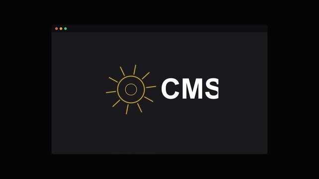 CMS content management system text with a rotating neon gear on a dark screen, gold neon