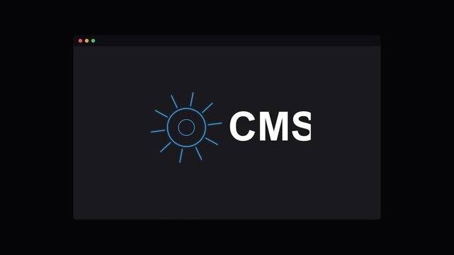 CMS content management system text with a rotating neon gear on a dark screen, blue neon