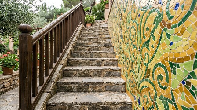Stone stairway featuring a timber balustrade alongside an ornamental wall clad in yellow and green ceramic mosaic tiles Stone stairway featuring a timber balustrade alongside an ornamental wall clad