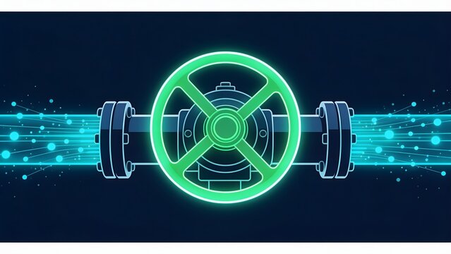 Vibrant digital 3D design of a pipeline with a glowing green wheel valve controller and cyan energy flow, suitable for cloud computing data pipeline and infrastructure presentations.