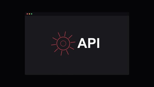 API application programming interface text with a rotating neon gear on a dark screen, red neon