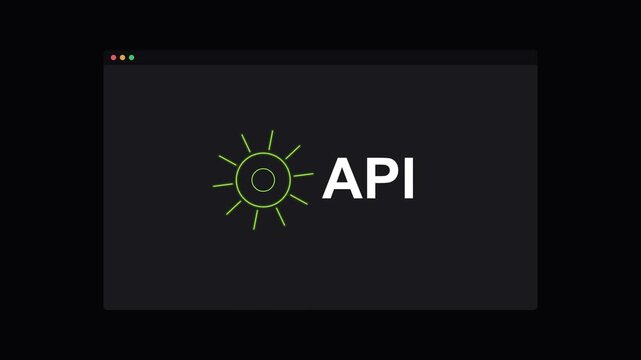 API application programming interface text with a rotating neon gear on a dark screen, lime green neon