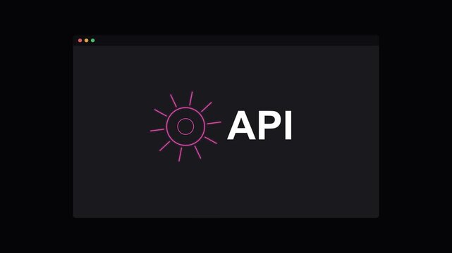 API application programming interface text with a rotating neon gear on a dark screen, magenta neon
