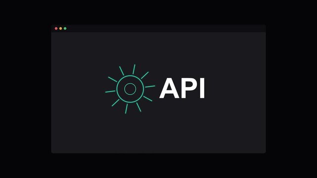 API application programming interface text with a rotating neon gear on a dark screen, teal neon