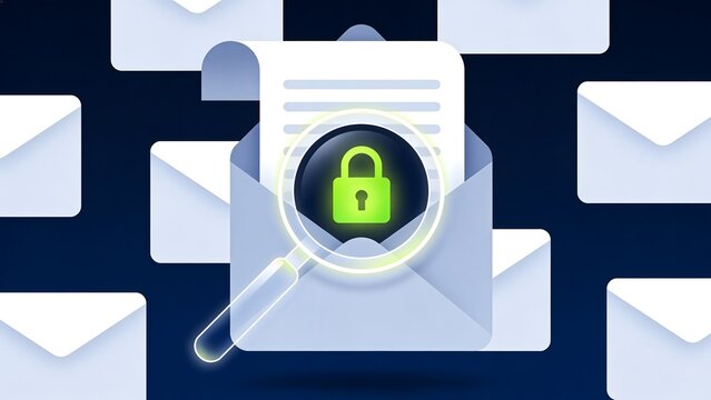 Clean 3D design of a blue open envelope showing a secure green lock document under a magnifying glass, suitable for email spam filters, private message protection, and safety.